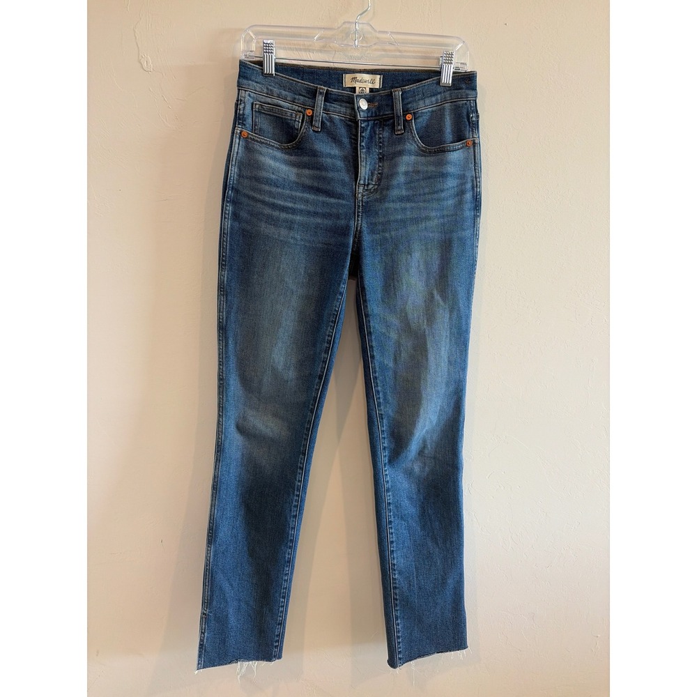 Madewell Mid-Rise Stovepipe Jeans 26 Medium Wash Raw Hem Straight Leg Denim